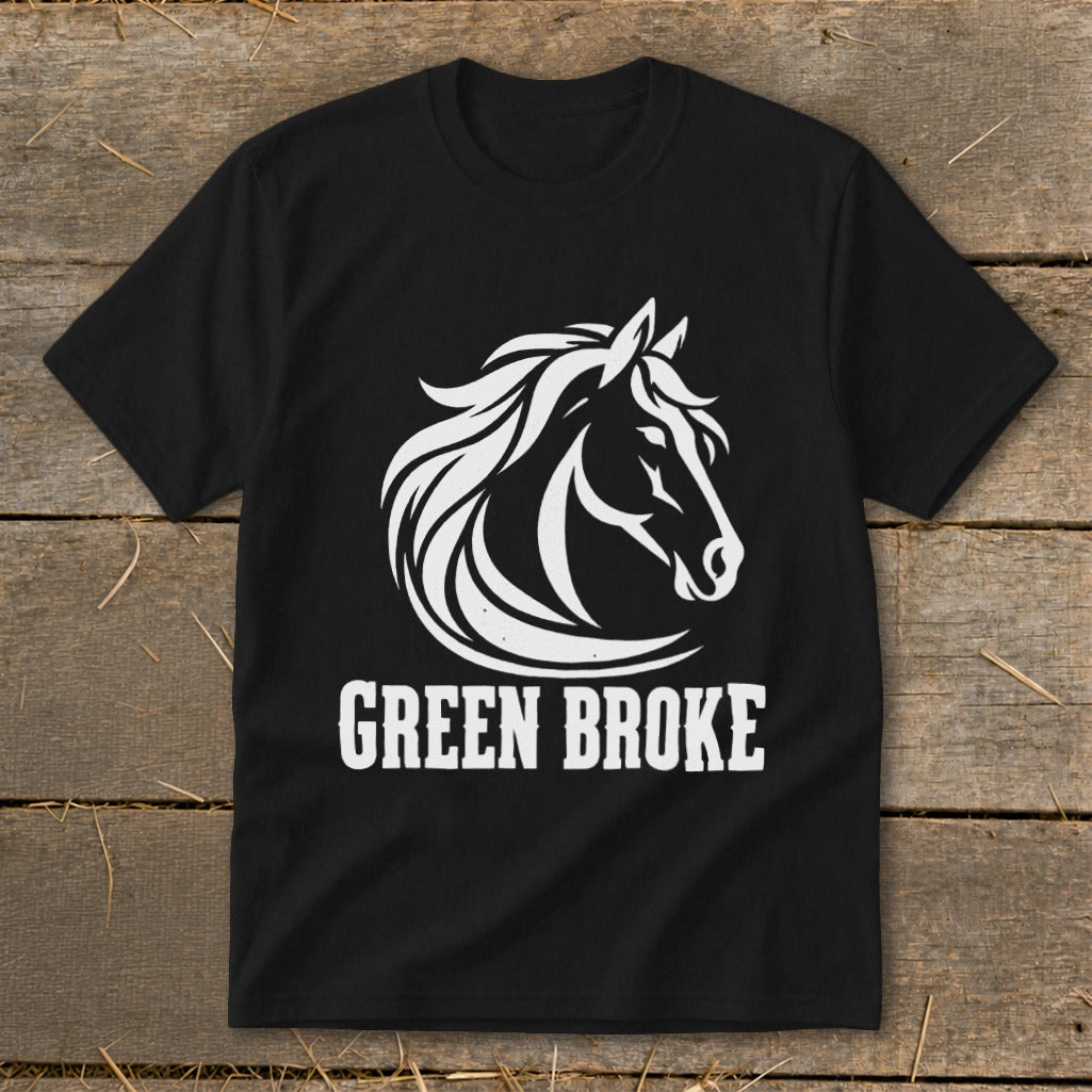 Black short-sleeve t-shirt with a white graphic of a horse head and the text "GREEN BROKE".