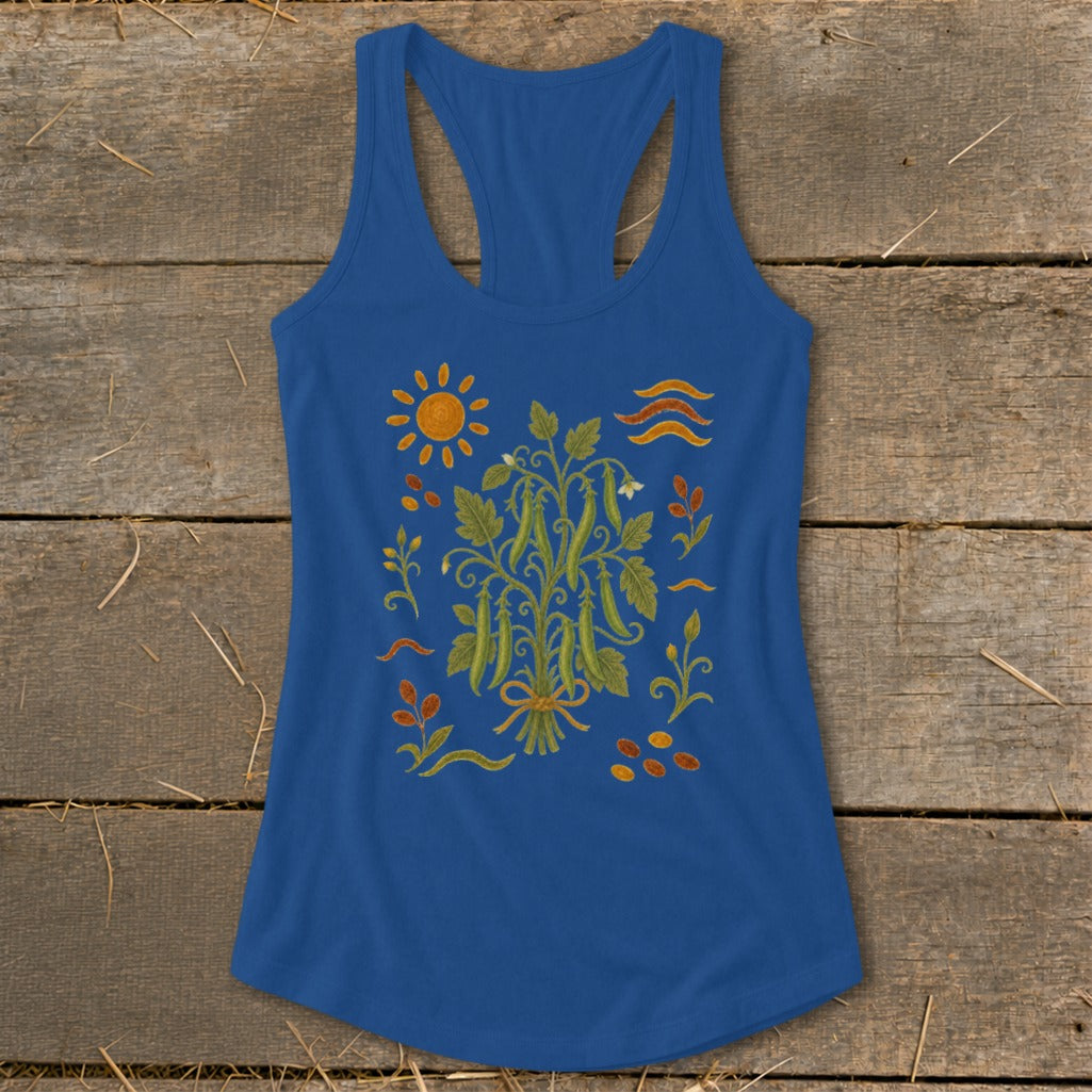 Royal blue racerback tank top with a green pea plant and sun graphic.