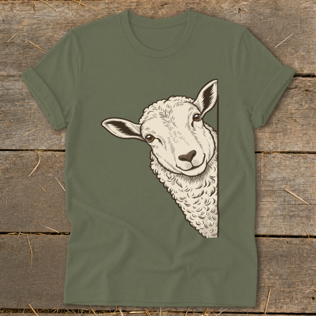 Olive green t-shirt with a white sheep illustration peeking from the side.