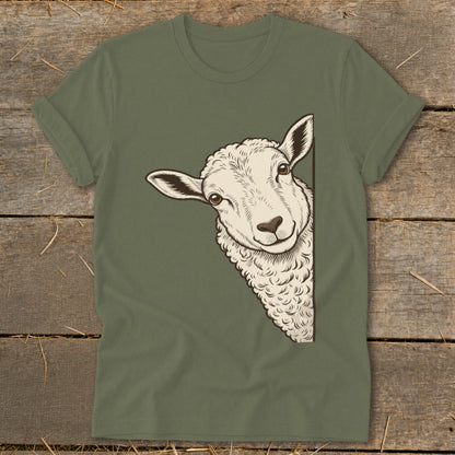 Olive green t-shirt with a white sheep illustration peeking from the side.