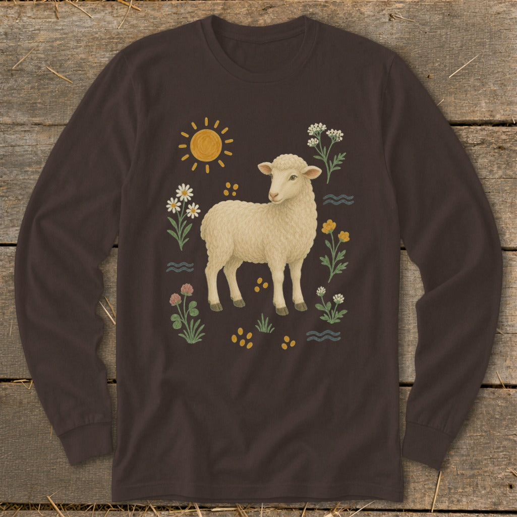 Brown long-sleeve shirt with a cream sheep surrounded by flowers and a sun.