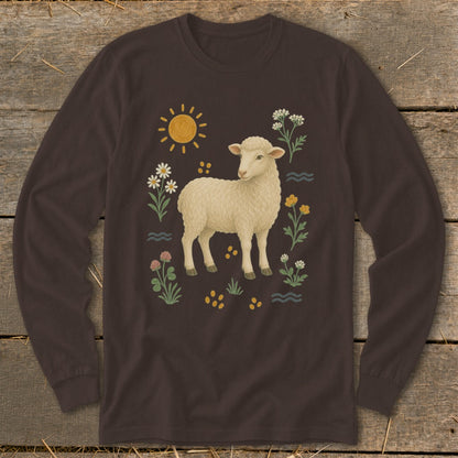 Brown long-sleeve shirt with a cream sheep surrounded by flowers and a sun.