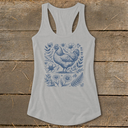 Light gray racerback tank top with a blue chicken and floral sketch design.
