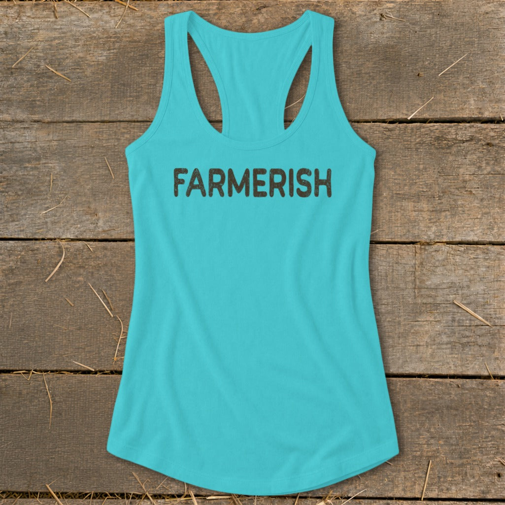 Teal racerback tank top with "FARMERISH" printed in dark lettering.
