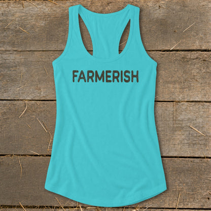 Teal racerback tank top with "FARMERISH" printed in dark lettering.