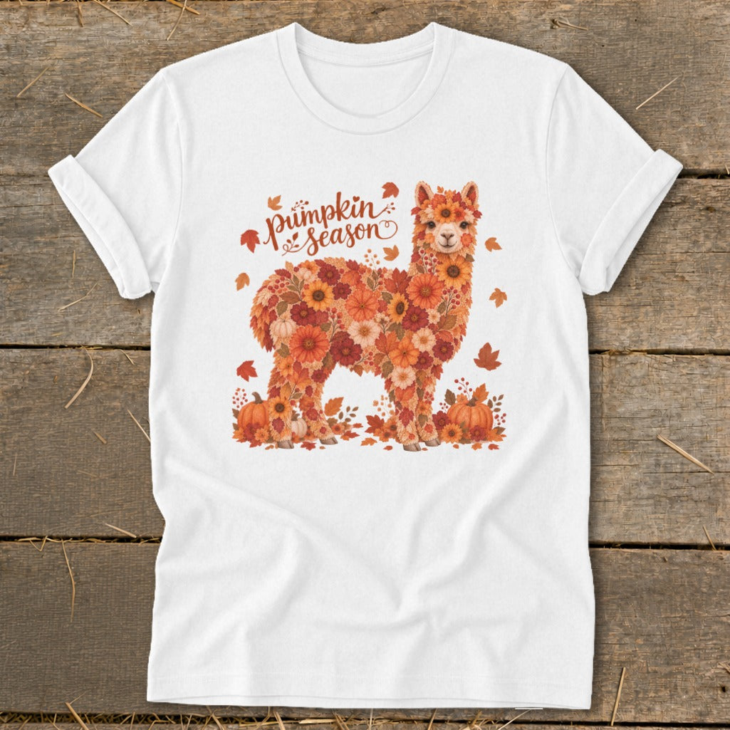 White t-shirt with floral alpaca graphic and text "pumpkin season".