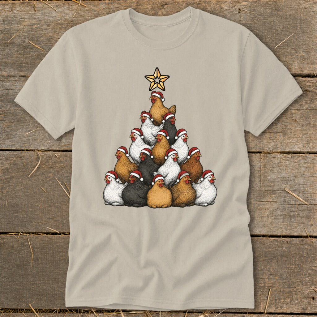 T-shirt with a Christmas tree made of chickens wearing Santa hats.
