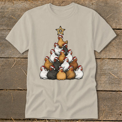 T-shirt with a Christmas tree made of chickens wearing Santa hats.