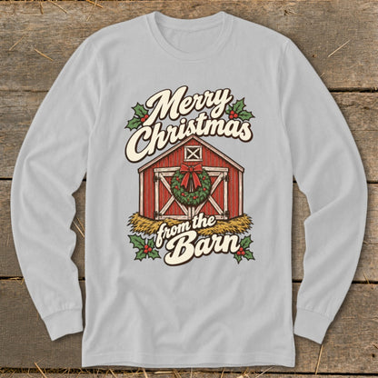 Merry Christmas from the Barn text with a red barn and wreath graphic.