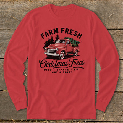 Red long-sleeve shirt with vintage truck, Christmas trees, and text.