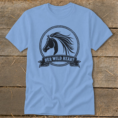 Light blue t-shirt with black distressed horse head graphic and "Her Wild Heart" text.