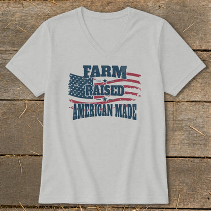Light gray v-neck t-shirt with "FARM RAISED AMERICAN MADE" and American flag graphic.
