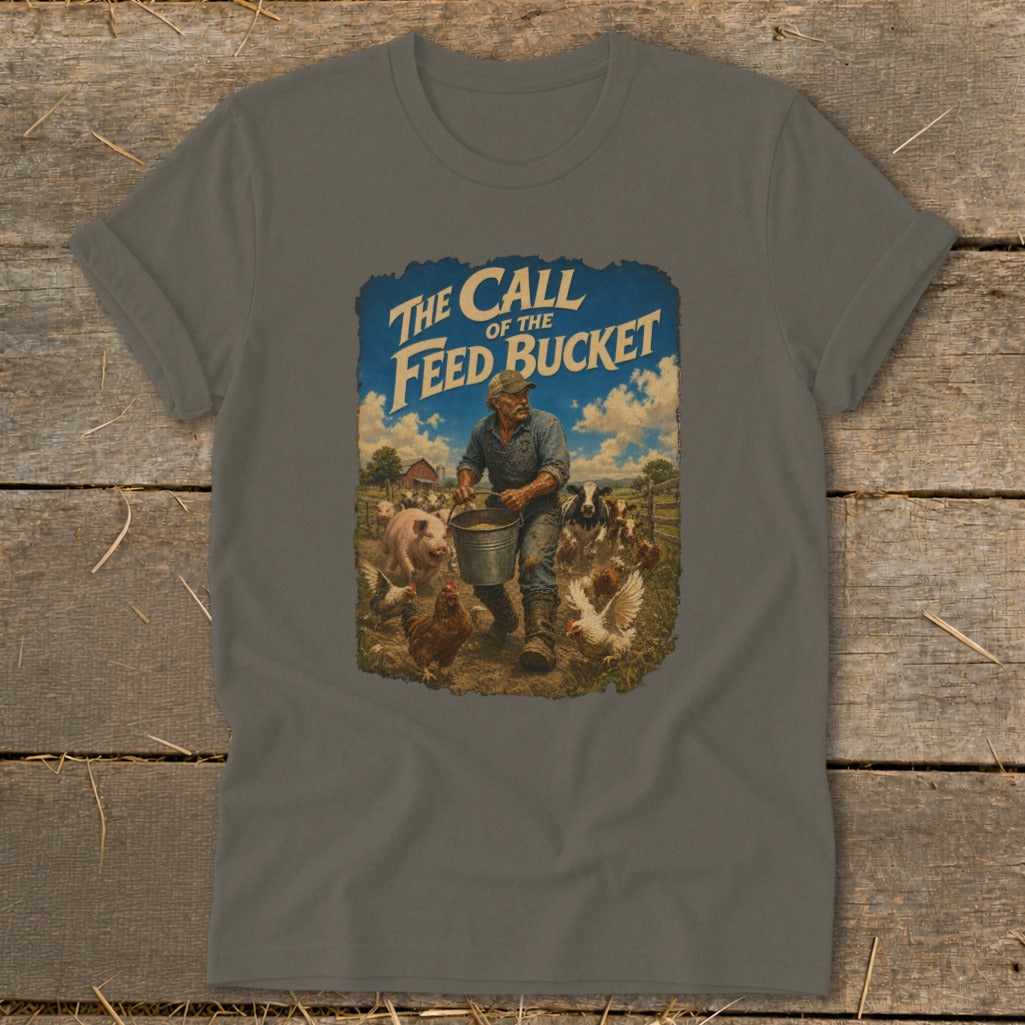 Farmer feeding animals with bucket, "The Call of the Feed Bucket" text.