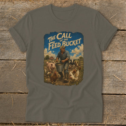 Farmer feeding animals with bucket, "The Call of the Feed Bucket" text.