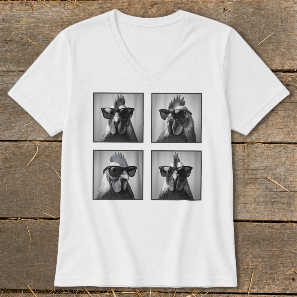 White t-shirt with a four-panel graphic of roosters wearing sunglasses.