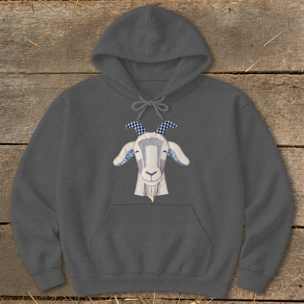 Dark gray hoodie with a stitched goat face graphic featuring blue gingham horns.