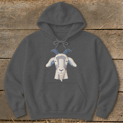 Dark gray hoodie with a stitched goat face graphic featuring blue gingham horns.
