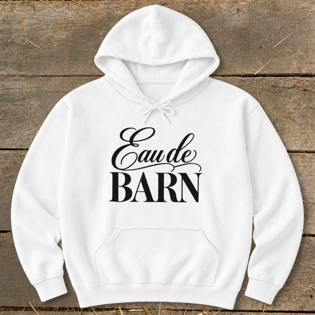 White hoodie with "Eaude BARN" text printed on the front.