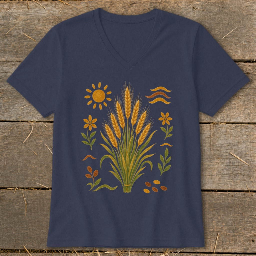 Navy t-shirt with a folk art print of wheat, sun, and flowers.