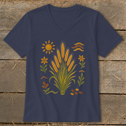 Navy t-shirt with a folk art print of wheat, sun, and flowers.