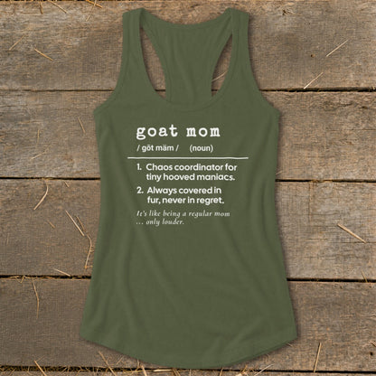 Olive green tank top with "goat mom" definition text.