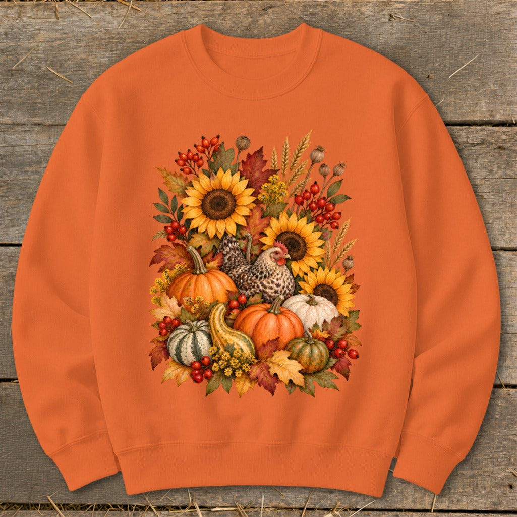 Orange sweatshirt with a watercolor autumn harvest design featuring sunflowers, pumpkins, and a chicken.