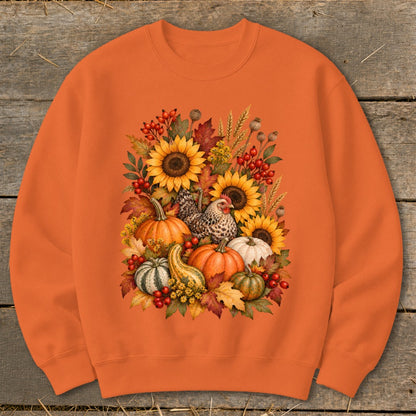 Orange sweatshirt with a watercolor autumn harvest design featuring sunflowers, pumpkins, and a chicken.