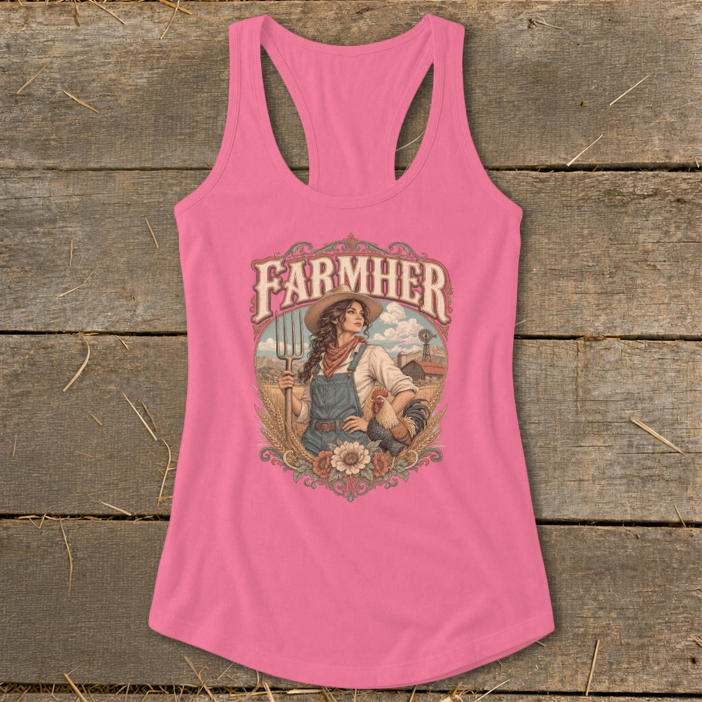 Pink racerback tank top with "FarmHer" text and a farmer woman illustration.