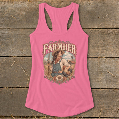 Pink racerback tank top with "FarmHer" text and a farmer woman illustration.