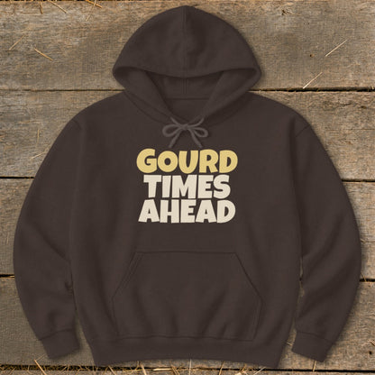 Brown hoodie with "GOURD TIMES AHEAD" text in yellow and white.