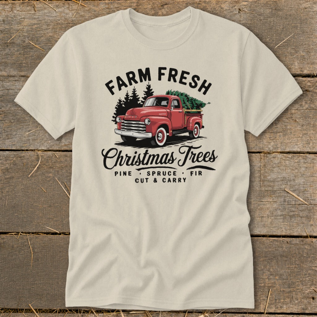 Farm Fresh Christmas Trees text with red truck carrying Christmas trees and pine, spruce, fir.