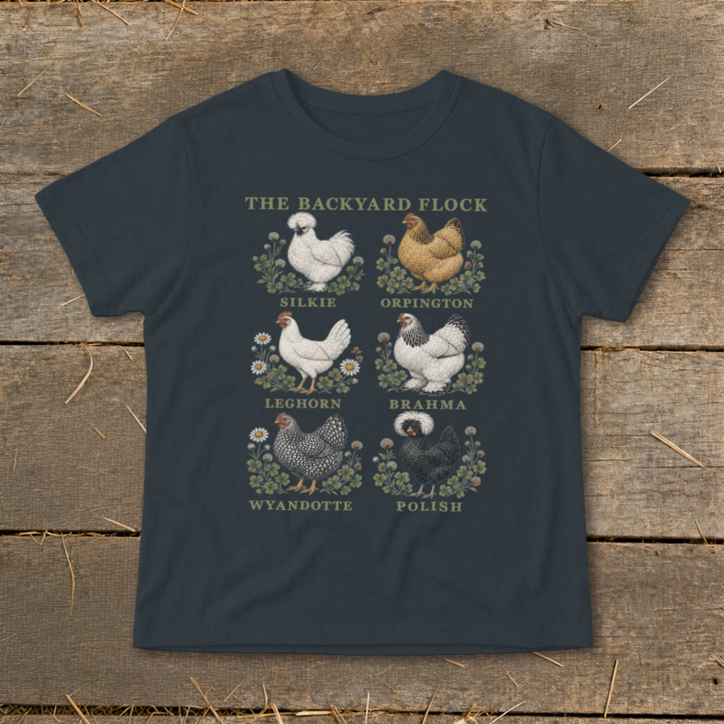 Dark grey t-shirt with "The Backyard Flock" text and six chicken breeds illustrations.