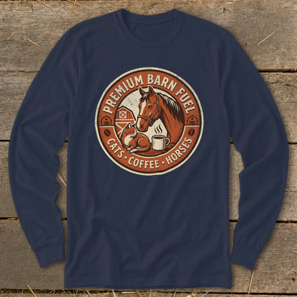 Circular logo with horse, cat, coffee cup, and text "Premium Barn Fuel Cats Coffee Horses."