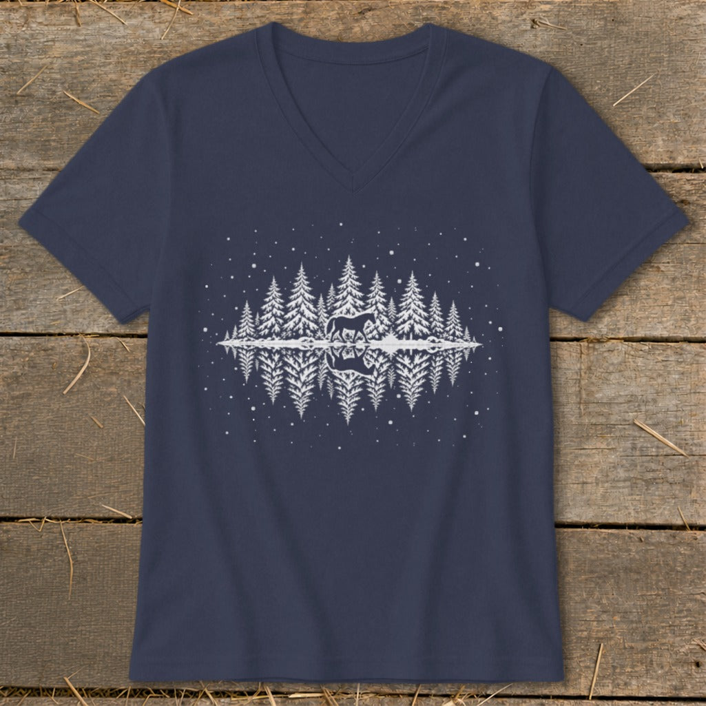Navy t-shirt with a white graphic of a horse in a snowy forest with reflection.