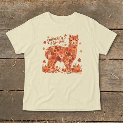 Cream t-shirt with floral alpaca graphic and "Pumpkin Season" text.