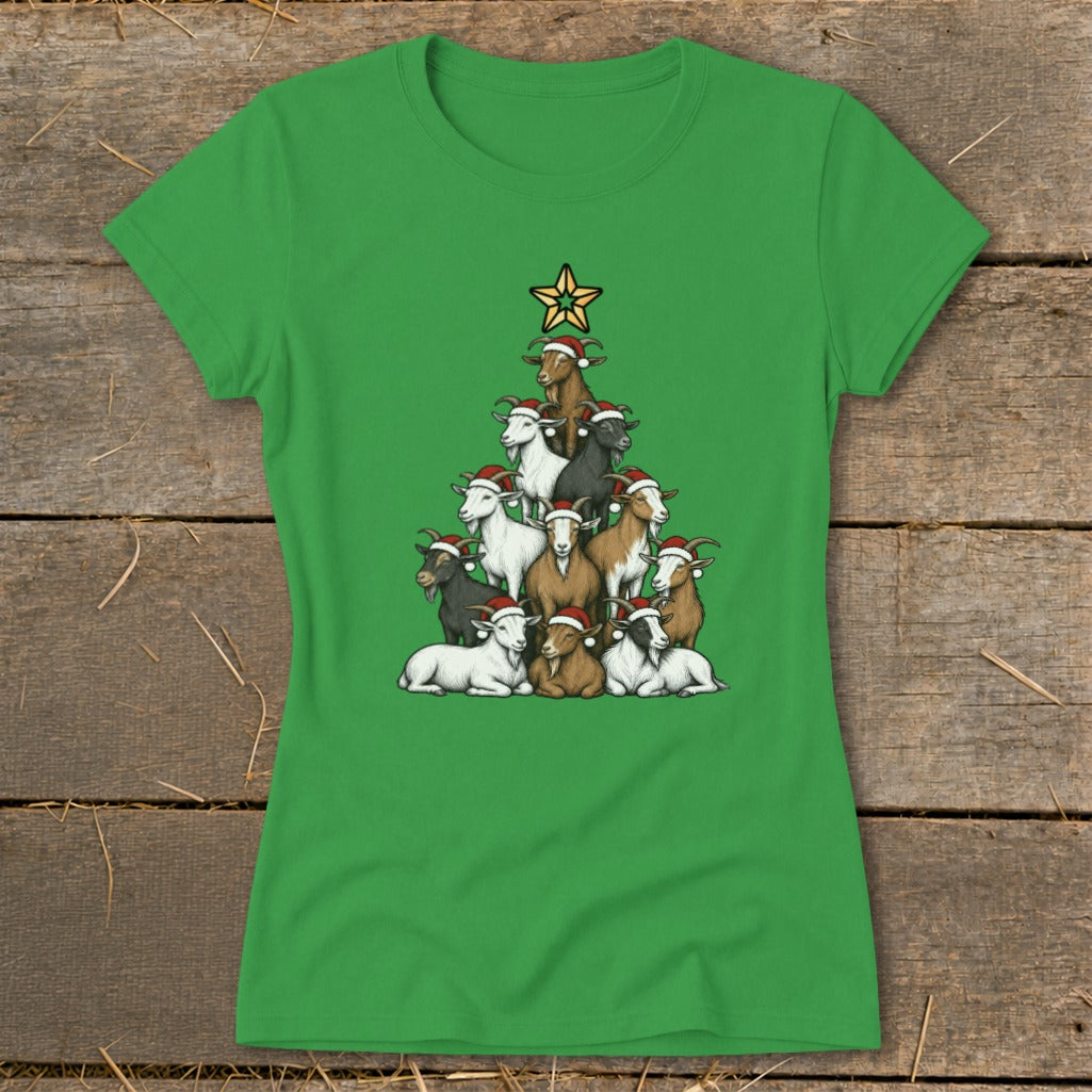Green t-shirt featuring a Christmas tree made of goats wearing Santa hats.