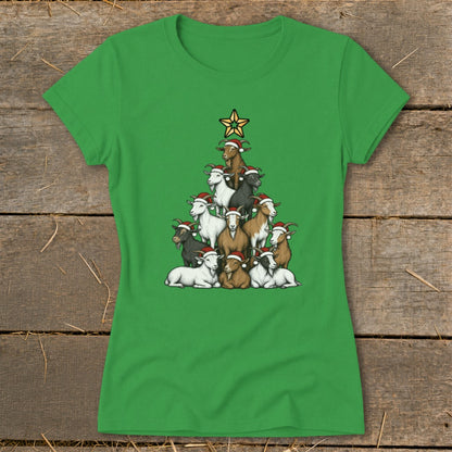 Green t-shirt featuring a Christmas tree made of goats wearing Santa hats.