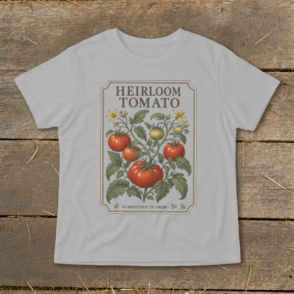 Grey t-shirt with "Heirloom Tomato" design featuring a vine with tomatoes and flowers.