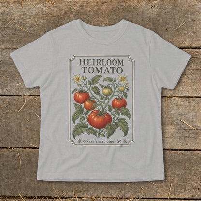 Grey t-shirt with "Heirloom Tomato" design featuring a vine with tomatoes and flowers.
