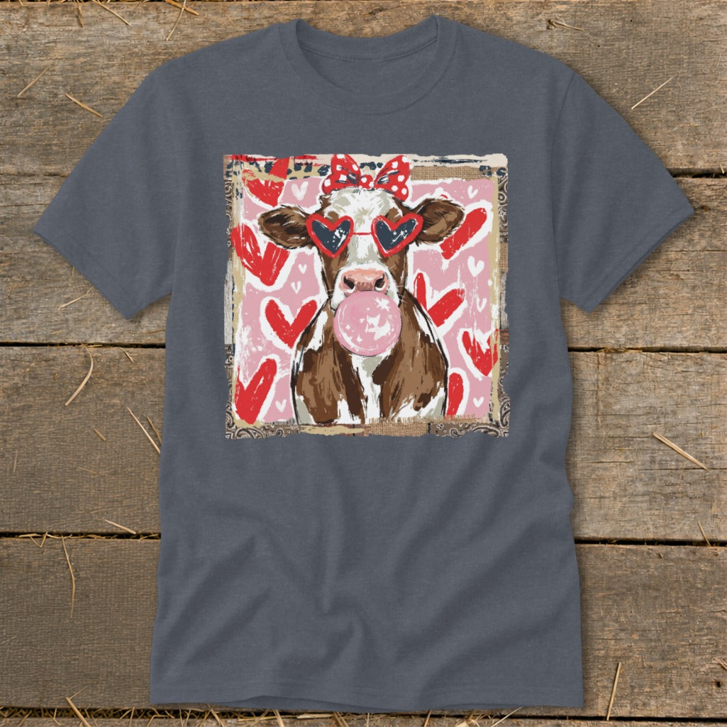 Cow wearing heart sunglasses and a bow blowing bubble gum on a pink heart background.