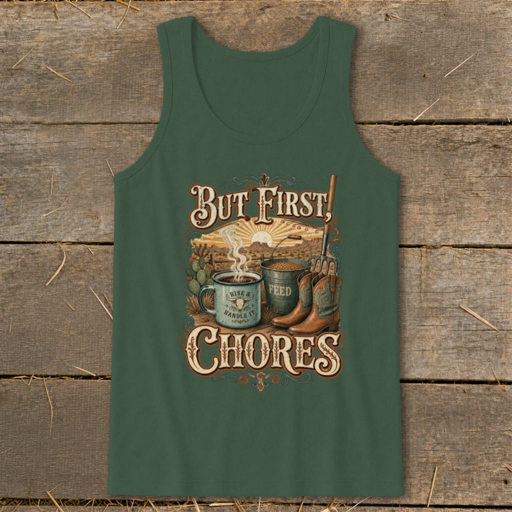 Green tank top with "But First, Chores" graphic featuring coffee, feed, and boots.