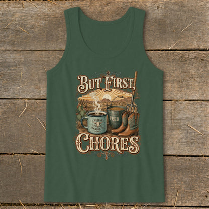 Green tank top with "But First, Chores" graphic featuring coffee, feed, and boots.