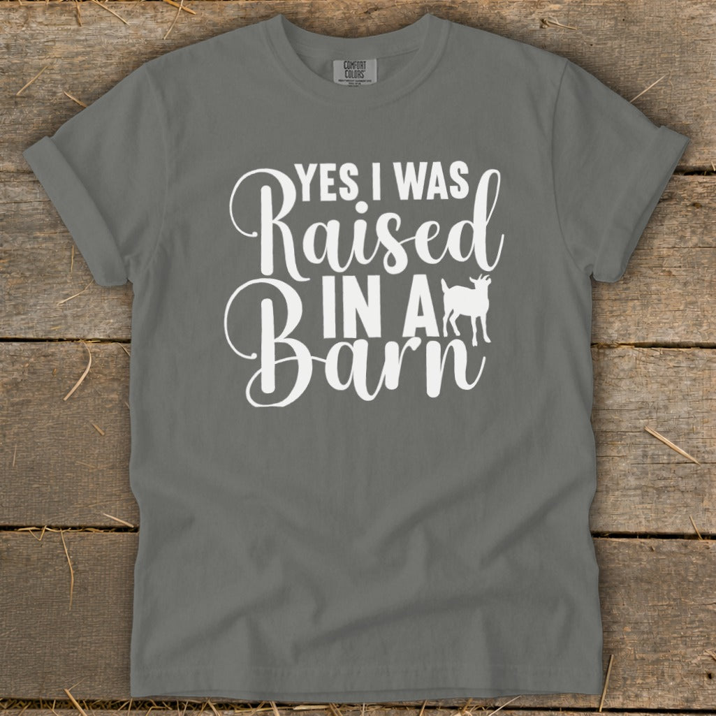 Gray t-shirt with white text "YES I WAS Raised IN A Barn" and a goat silhouette.