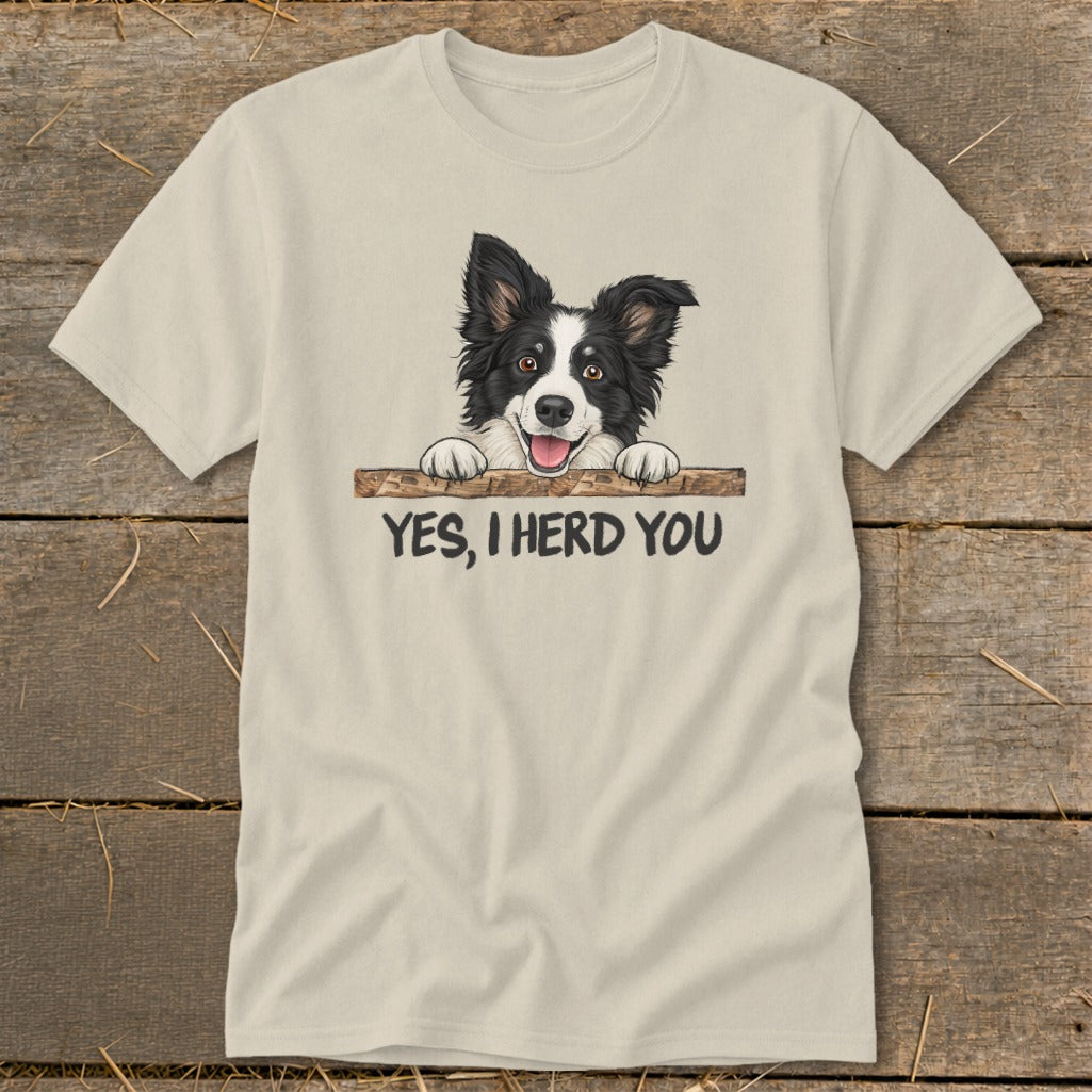 Cream t-shirt with a cartoon border collie dog and text "YES, I HERD YOU".