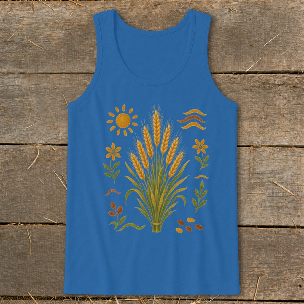 Blue tank top with a watercolor illustration of wheat stalks, sun, and flowers.