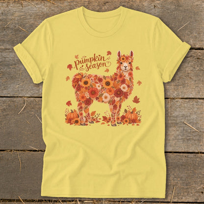 Yellow t-shirt with floral llama and "Pumpkin Season" text.