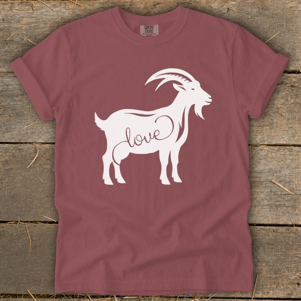 Maroon t-shirt with white goat silhouette and the word "love" inside.