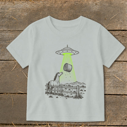 Horse watching a UFO abduct a hay bale in a rural landscape.