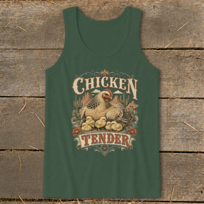 Green tank top with "Chicken Tender" text and a hen with chicks illustration.