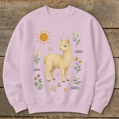 Light pink sweatshirt with a cream-colored alpaca surrounded by flowers, sun, and wavy lines.